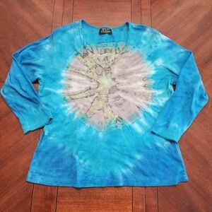 Vtg Y2K Tryst by Mathew XL Tie Dye Cotton Top Long Sleeve Boho Hippie USA Blue
